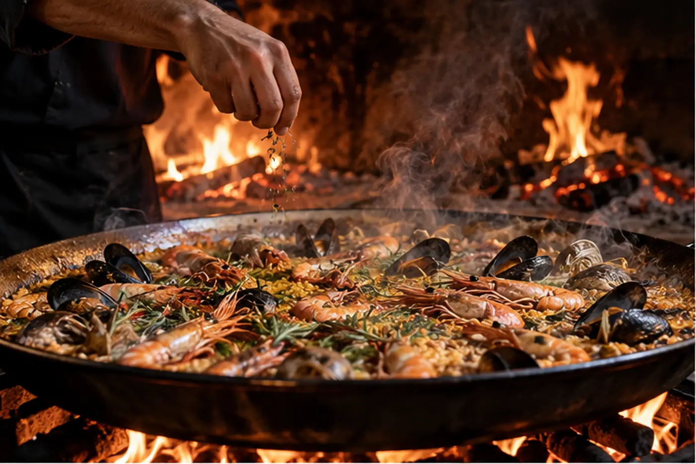 Visuel d’ambiance : préparation d’une paëlla au feu de bois